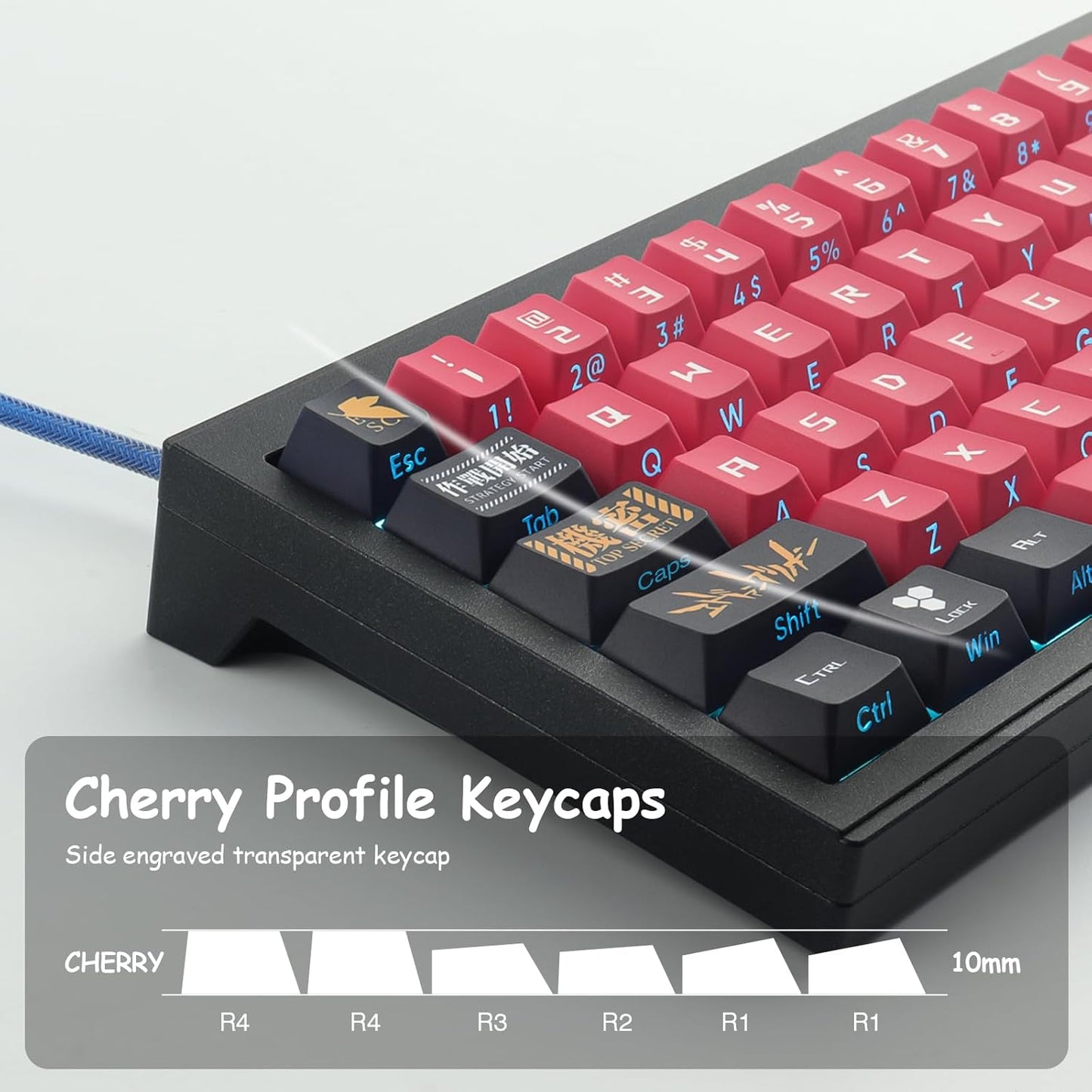 JOMKIZ PBT Keycaps,129 Keys Dye Sublimation Cherry Profile Keycaps Side Engraved Transparent Keycap Set for Cherry MX Switches ASIN/ISO Layout Mechanical Keyboards
