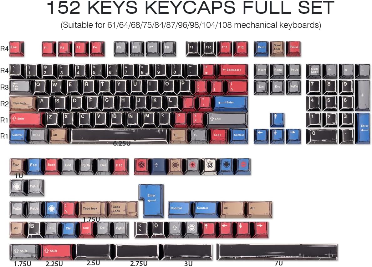 JOMKIZ PBT Keycaps,152 Keys Dye Sublimation Cherry Profile Keycaps Set for Cherry MX Switches ASIN/ISO Layout Mechanical Keyboards